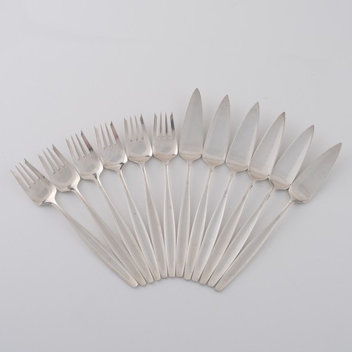 133 - A set of six mid-late 20thC Danish Georg Jensen white metal 'Cypress' pattern fish knives and forks,... 