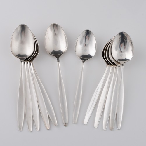 132 - A set of six Danish Georg Jensen 'Cypress' pattern white metal dessert spoons and six spoons, design... 