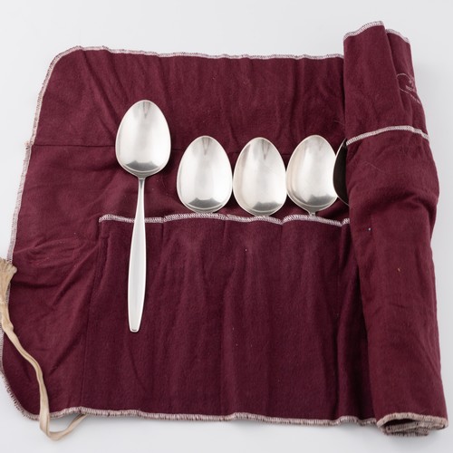 132 - A set of six Danish Georg Jensen 'Cypress' pattern white metal dessert spoons and six spoons, design... 