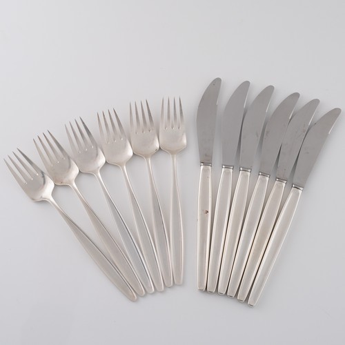 135 - A set of six mid-late 20thC Danish Georg Jensen 'Cypress' pattern white metal dinner knives and fork... 