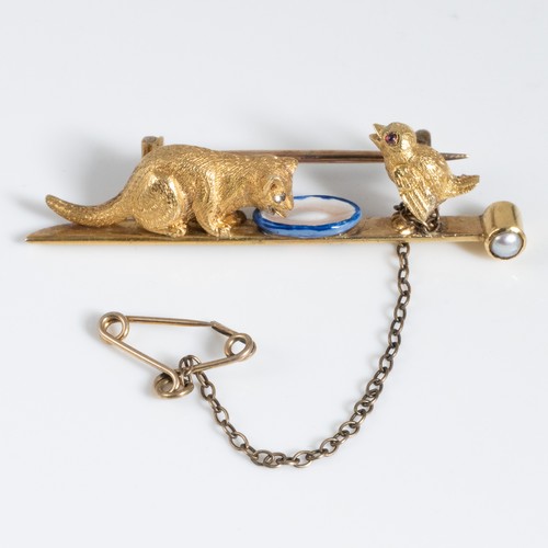 154 - A late 19th century 18ct yellow gold brooch, with a cat drinking from a blue and white enamelled bow... 