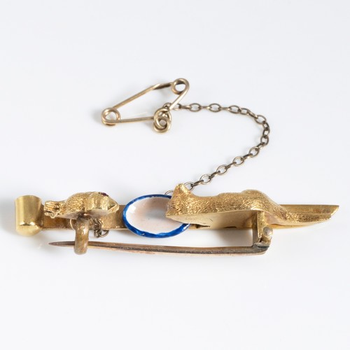 154 - A late 19th century 18ct yellow gold brooch, with a cat drinking from a blue and white enamelled bow... 