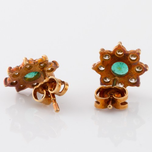 159 - A pair of 18ct yellow gold emerald and diamond floral cluster stud earrings, sapphires each 5mm diam... 