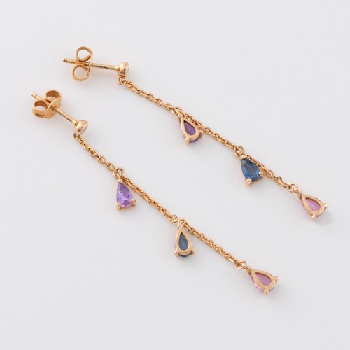 160 - A pair of 18ct rose gold multistone drop earrings, each with three teardrop shaped stones on a chain... 