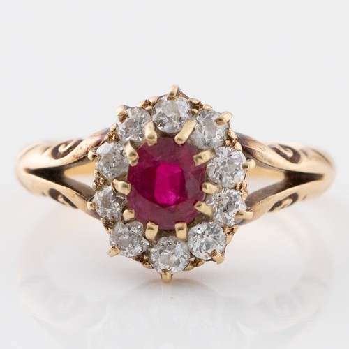 144 - A late 19th century 18ct gold, ruby and diamond cluster ring, c1870, with approximately 0.5-0.6 cara... 