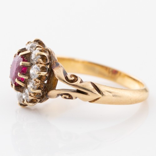 144 - A late 19th century 18ct gold, ruby and diamond cluster ring, c1870, with approximately 0.5-0.6 cara... 