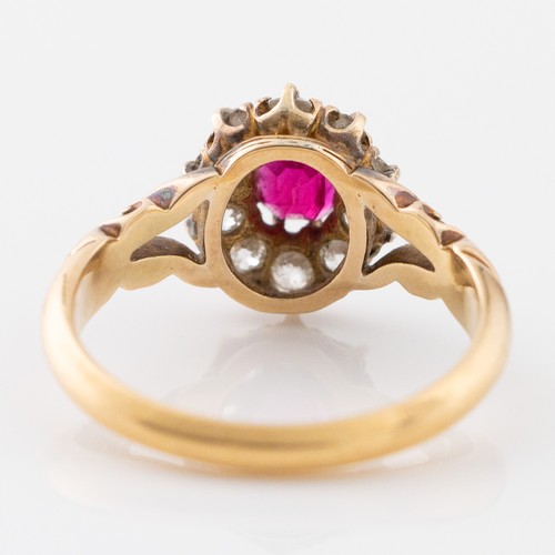 144 - A late 19th century 18ct gold, ruby and diamond cluster ring, c1870, with approximately 0.5-0.6 cara... 