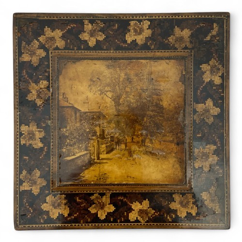 214 - A Tunbridge ware silk lined handkerchief box, floral border with photographic image of horse and car... 