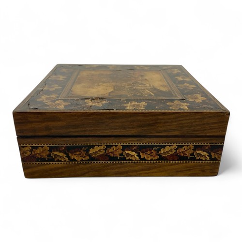 214 - A Tunbridge ware silk lined handkerchief box, floral border with photographic image of horse and car... 