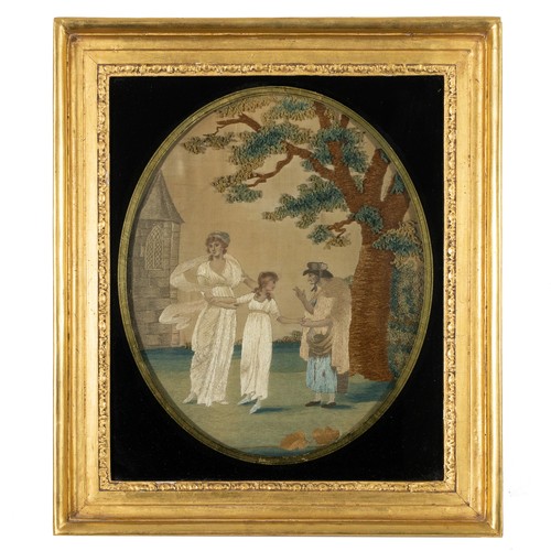 366 - An early 19thC embroidered silkwork picture of the three ages of woman, depicting a young girl, a mi... 