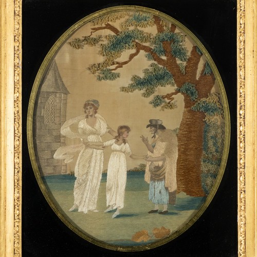 366 - An early 19thC embroidered silkwork picture of the three ages of woman, depicting a young girl, a mi... 
