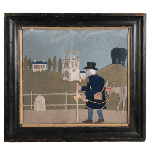 George Smart (English, 1774-1846) known as The Tailor of Frant, or a follower of George Smart (possibly named R Marshall), 'Old Bright The Postman', probably early-mid 19thC, a cut and assembled felt, fabric and leather collage picture, showing the old postman in a dark blue blue felt coat and sky blue trousers leading a donkey along a road through Frant village, with his postman's satchel and holding two letters, with Frant church and a rectory/house behind him, with clumps of trees on hills, and a milestone, framed and glazed in a period black painted frame with gilt inner frame, and brown paper glued to the back with an applied photocopied label and a further label cellotaped on, presumably by a previous owner, together with a copy of the book 'George Smart, The Tailor of Frant: Artist in Cloth & Velvet Figures', by Jonathan Christie, published by Unicorn, 2016, in which the picture is shown, frame 43cm wide, 39.5cm high.
