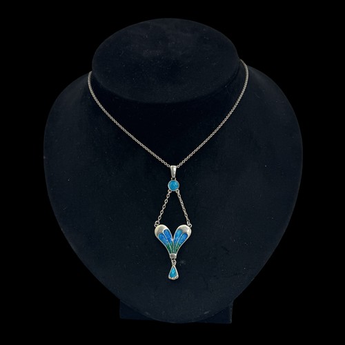 121 - A Charles Horner Arts & Crafts silver and enamel pendant necklace, decorated with turquoise blue... 