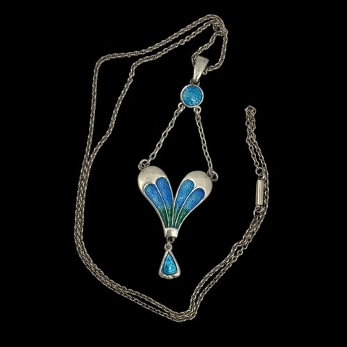 121 - A Charles Horner Arts & Crafts silver and enamel pendant necklace, decorated with turquoise blue... 