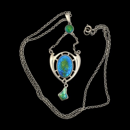 147 - A Charles Horner Art Nouveau sterling silver and enamel pendant necklace, decorated with blue and gr... 