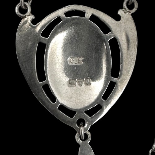 147 - A Charles Horner Art Nouveau sterling silver and enamel pendant necklace, decorated with blue and gr... 