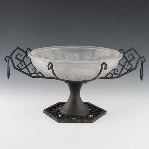 77 - A 1920s Art Deco glass and cast iron table centrepiece, clear and frosted moulded glass body with sa... 