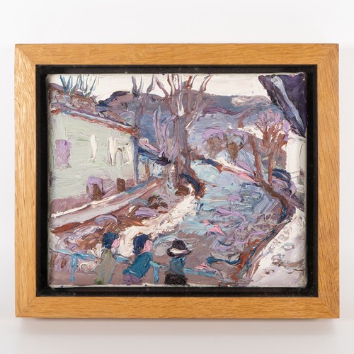 228 - Fred Yates (British, 1922-2008), 'The Footbridge in Winter', 2004, oil on canvas, with heavy impasto...