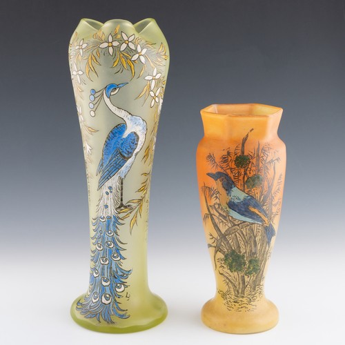 69 - A 1920s Art Nouveau Legras cameo vase, with crimped rim and depicting peacock inside a floral garlan... 