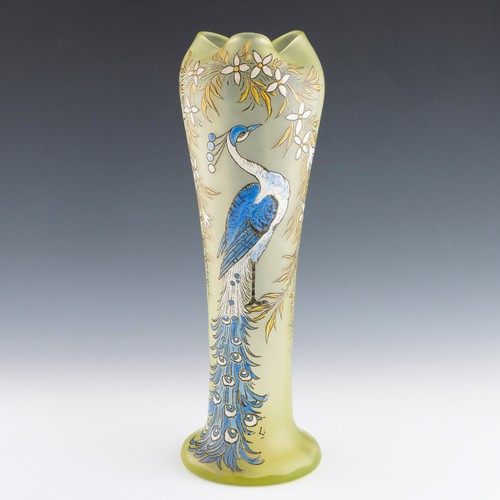 69 - A 1920s Art Nouveau Legras cameo vase, with crimped rim and depicting peacock inside a floral garlan... 