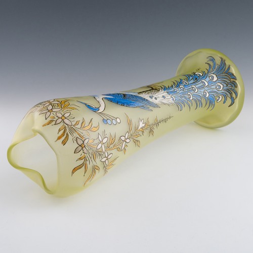 69 - A 1920s Art Nouveau Legras cameo vase, with crimped rim and depicting peacock inside a floral garlan... 