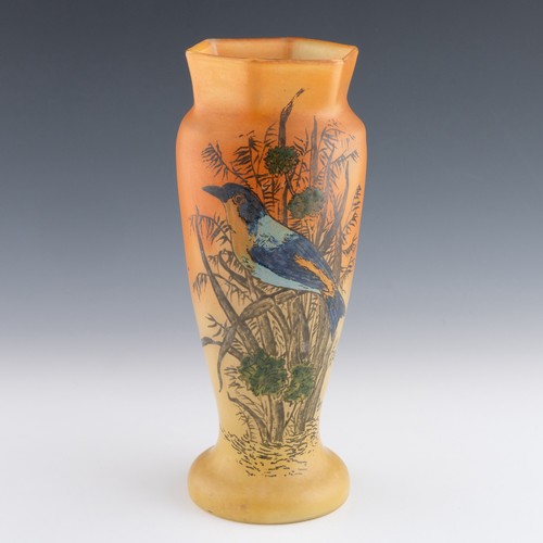 69 - A 1920s Art Nouveau Legras cameo vase, with crimped rim and depicting peacock inside a floral garlan... 