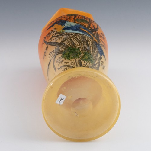 69 - A 1920s Art Nouveau Legras cameo vase, with crimped rim and depicting peacock inside a floral garlan... 