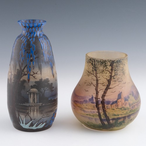 71 - A 1920s French Art Nouveau cameo polychrome glass vase, decorated with thick deep blue enamels casca... 