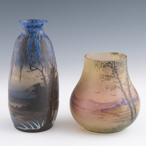 71 - A 1920s French Art Nouveau cameo polychrome glass vase, decorated with thick deep blue enamels casca... 