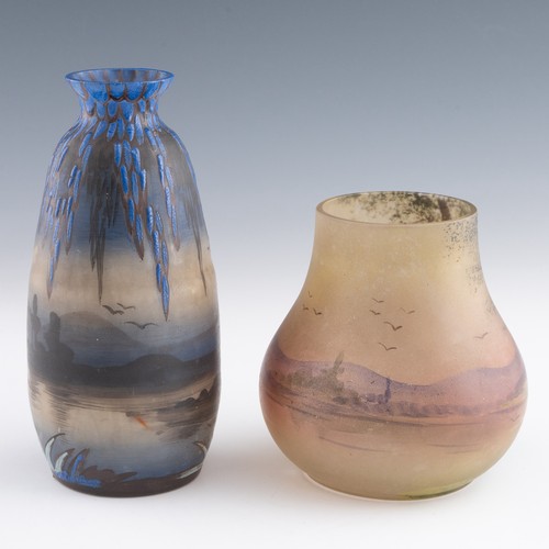 71 - A 1920s French Art Nouveau cameo polychrome glass vase, decorated with thick deep blue enamels casca... 