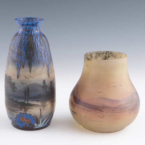 71 - A 1920s French Art Nouveau cameo polychrome glass vase, decorated with thick deep blue enamels casca... 