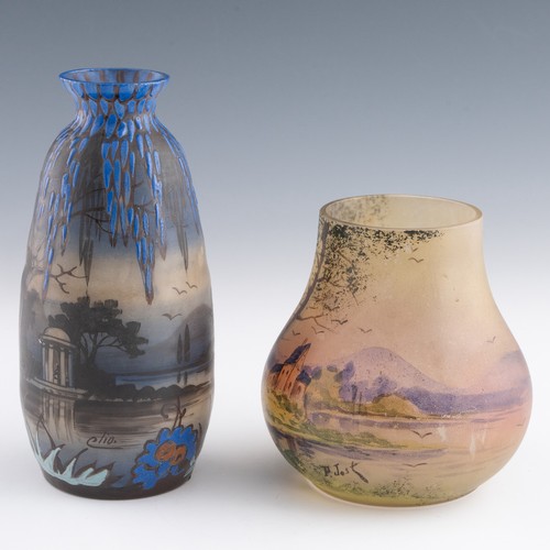 71 - A 1920s French Art Nouveau cameo polychrome glass vase, decorated with thick deep blue enamels casca... 