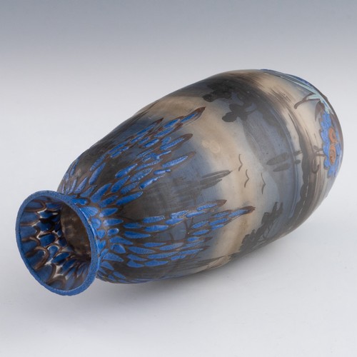 71 - A 1920s French Art Nouveau cameo polychrome glass vase, decorated with thick deep blue enamels casca... 