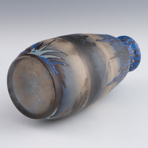 71 - A 1920s French Art Nouveau cameo polychrome glass vase, decorated with thick deep blue enamels casca... 