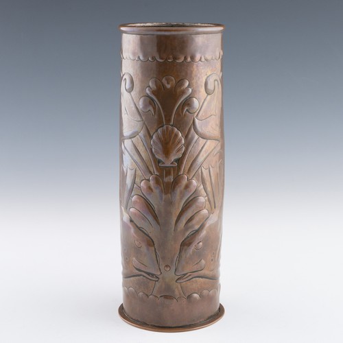 281 - A Newlyn copper vase, c.1905-1910, decorated with two fish amidst seaweed and a wave-form copper riv... 