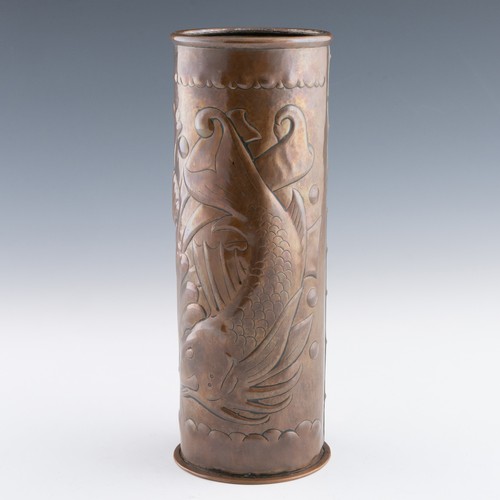 281 - A Newlyn copper vase, c.1905-1910, decorated with two fish amidst seaweed and a wave-form copper riv... 