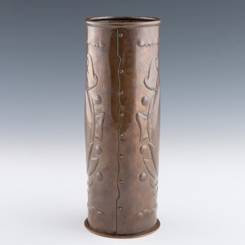 281 - A Newlyn copper vase, c.1905-1910, decorated with two fish amidst seaweed and a wave-form copper riv... 