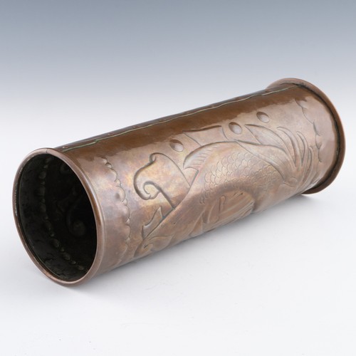 281 - A Newlyn copper vase, c.1905-1910, decorated with two fish amidst seaweed and a wave-form copper riv... 