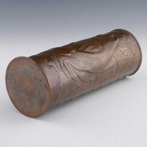 281 - A Newlyn copper vase, c.1905-1910, decorated with two fish amidst seaweed and a wave-form copper riv... 