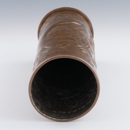 281 - A Newlyn copper vase, c.1905-1910, decorated with two fish amidst seaweed and a wave-form copper riv... 