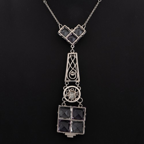163 - An early Art Deco glass pendant and necklace, c.1930, mounted with three mounted glass squares above... 