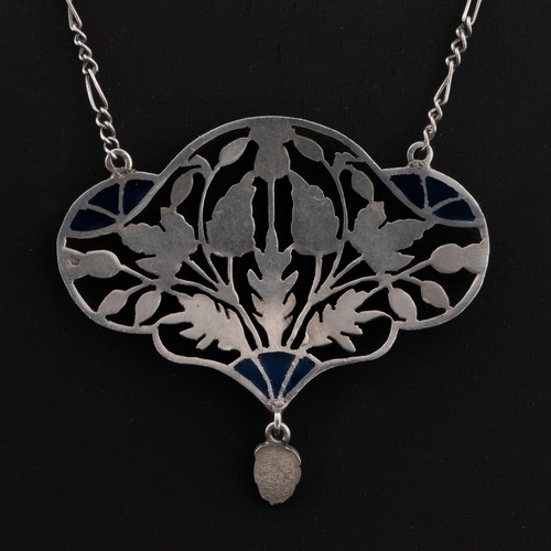 142 - An early 20thC Art Nouveau plique-a-jour silver pendant, decorated with thistles, hops, sycamore and... 