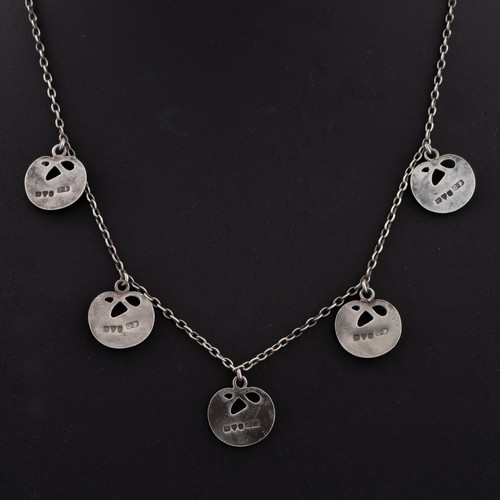 106 - A Charles Horner Arts and Crafts silver and enamel necklace, decorated with five identical silver kn... 