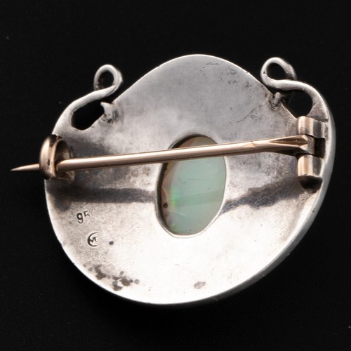 98 - A Murrle Bennett Arts and Crafts silver and opal brooch, c.1900, shield-shaped brooch decorated with... 