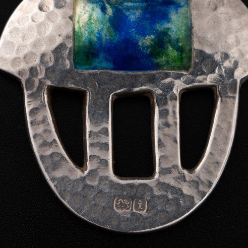 133 - An early 20thC Art Nouveau silver and enamel pendant and silver chain, pendant with a blue and green... 