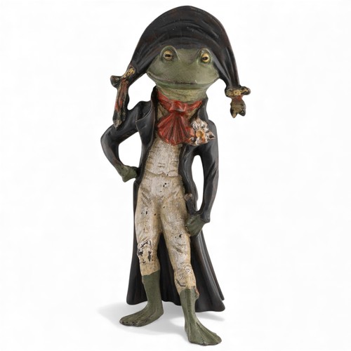 An unusual and amusing late 19thC French for the English market, or English for the French market, cold painted hollow cast bronze of a frog Napoleon or a frog French military officer, grinning resolutely and wearing a bicorn hat with tassles, a cravat, breeches, waistcoat and long coat, the bottom of the coat tails stamped 'DEPOSE' and with moulded registered diamond mark to the coat for 26th June 1872 (I) or, more likely, (L) 1882, 17.5cm high. (LC72 ?)