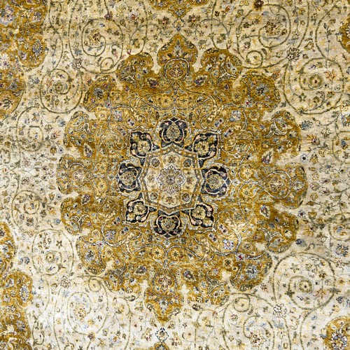 46 - 20th century Indian silk rug, central tiered floral medallion surrounded by botanical sprays and scr... 