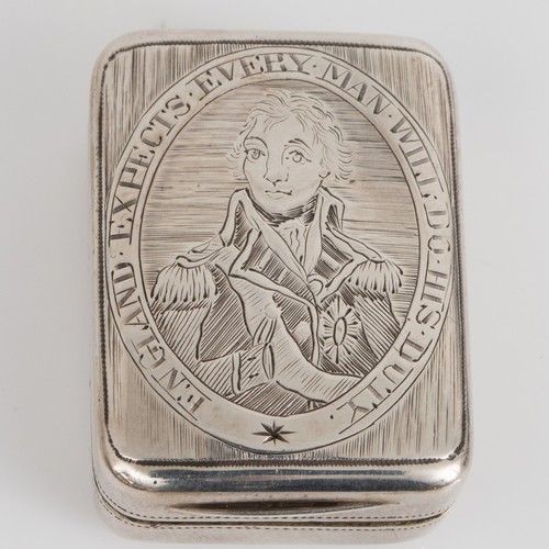 A sterling silver vinaigrette of Nelson interest by Matthew Linton, Birmingham 1805. Chased portrait of Horatio Nelson surrounded by his famous signal at Trafalgar "ENGLAND EXPECTS THAT EVERY MAN WILL DO HIS DUTY." Parcel gilt interior with pierced cast image of HMS Victory and reading "VICTORY / Trafalgar Oct . 21 . 1805." A truly historic piece of silverware commemorating arguably the greatest naval victory in the history of warfare. 