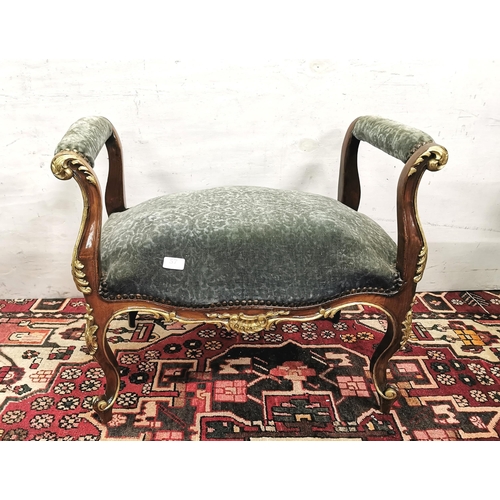 10 - Mid-20thC French Walnut Salon Stool/Window Seat, on cabriole legs, curved side arms, green velvet co... 