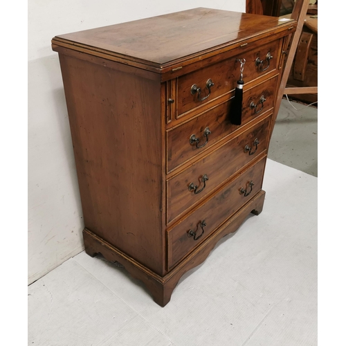 100 - Low Walnut Chest of 4 Drawers, with brass drop handles and a fold-over writing slope (leatherette co... 